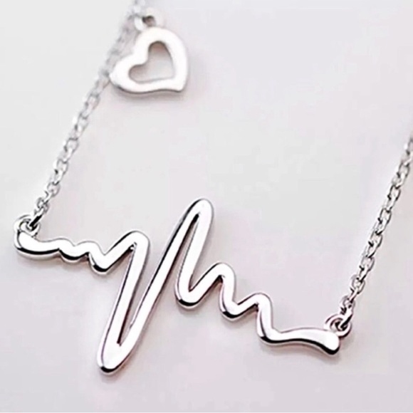 Heartbeat EKG Love Charm Necklace 20” Silver-Tone - Picture 2 of 7